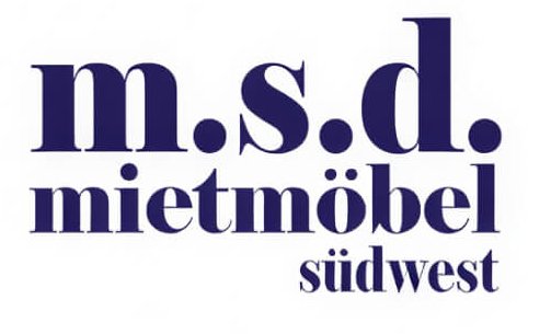 Das Logo zeigt den Schriftzug m.s.d. mietmöbel südwest in dunklem Blau in einer Serifenschrift auf weißem Hintergrund
