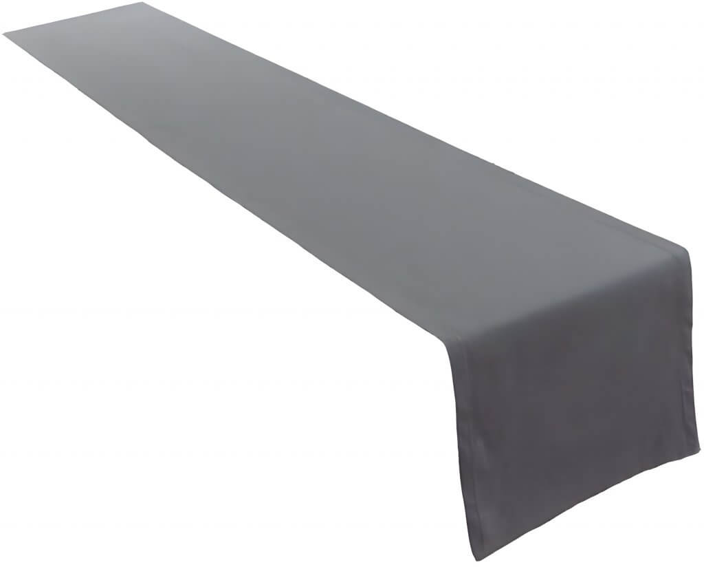 Ein langer, rechteckiger, grauer Tischläufer liegt auf einer weißen Fläche und eignet sich ideal zum Mieten für Stofftischdecken oder Servietten