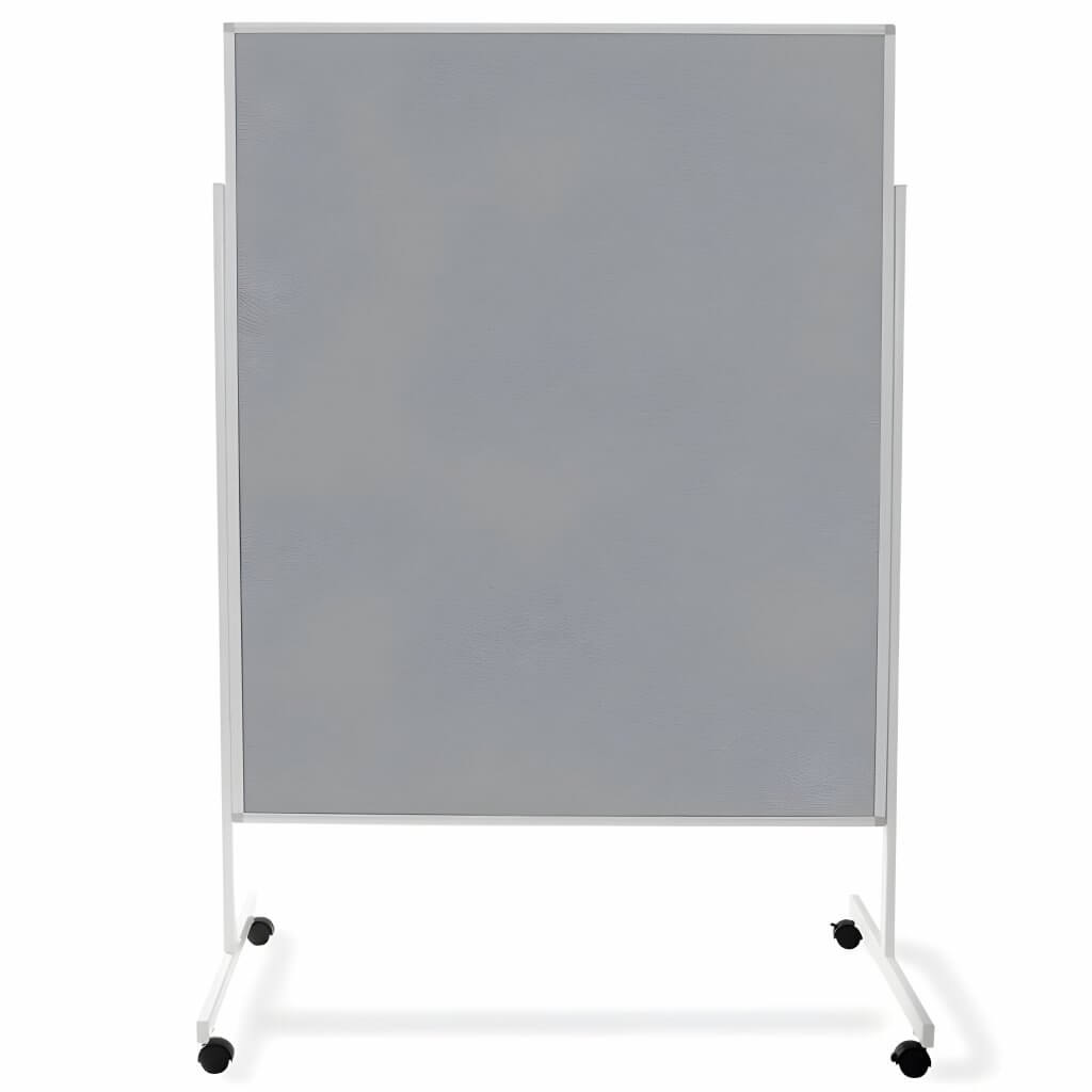 Graue, fahrbare Metaplanwand mit weißem Metallrahmen, frontal vor weißem Hintergrund stehend