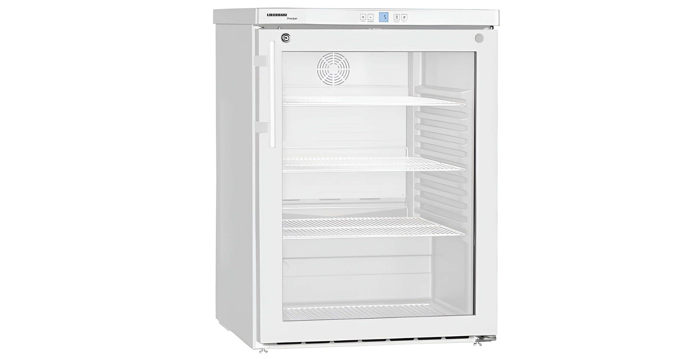 Weißer Medikamentenkühlschrank mit Glastür, drei Gitterablagen und digitalen Bedienelementen, optimal zur Miete von Laborkühlschränken