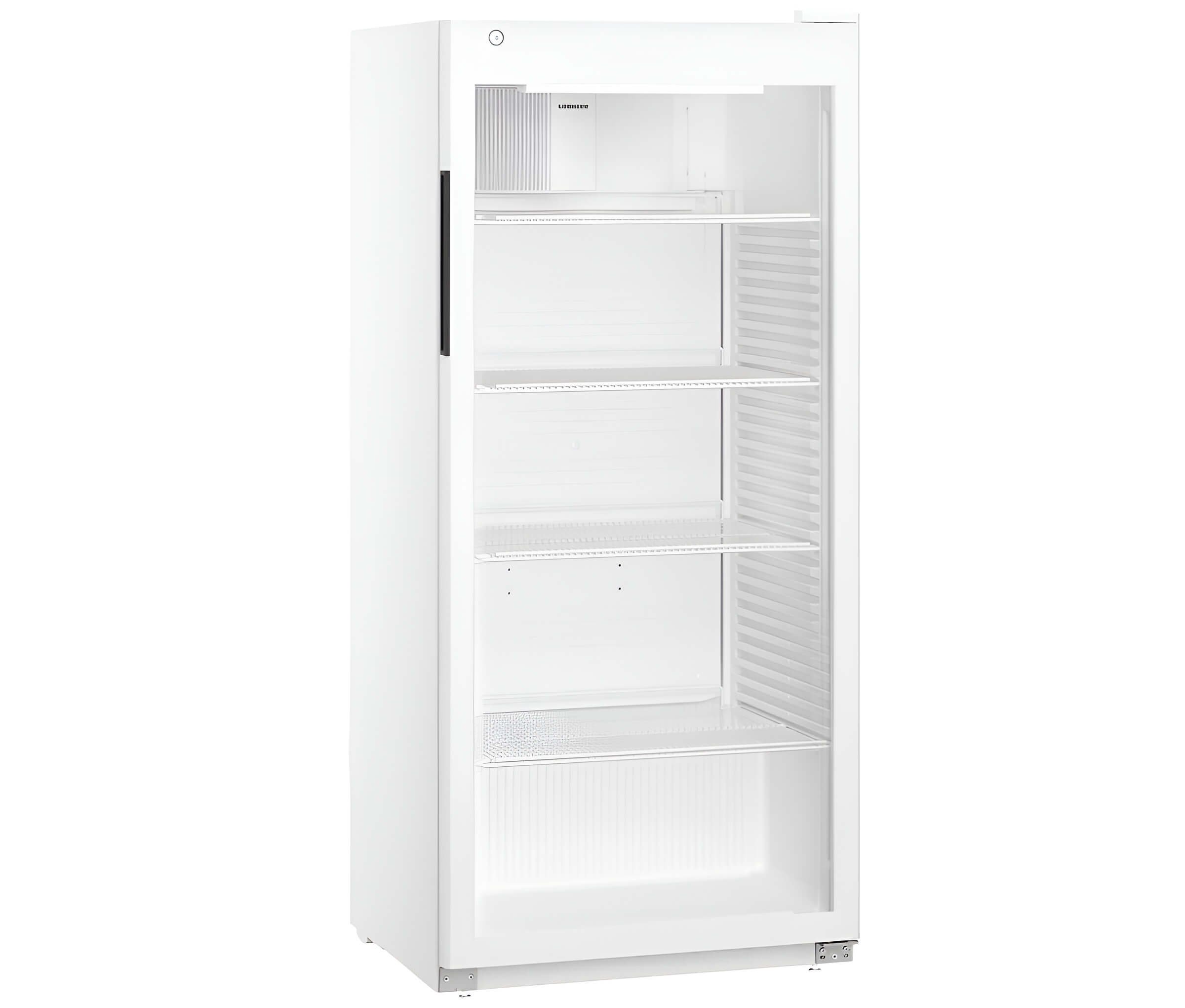 Weißer, aufrecht stehender Glastürkühlschrank mit schwarzem Griff und leeren Regalen, geeignet zum Kühlschränke mieten