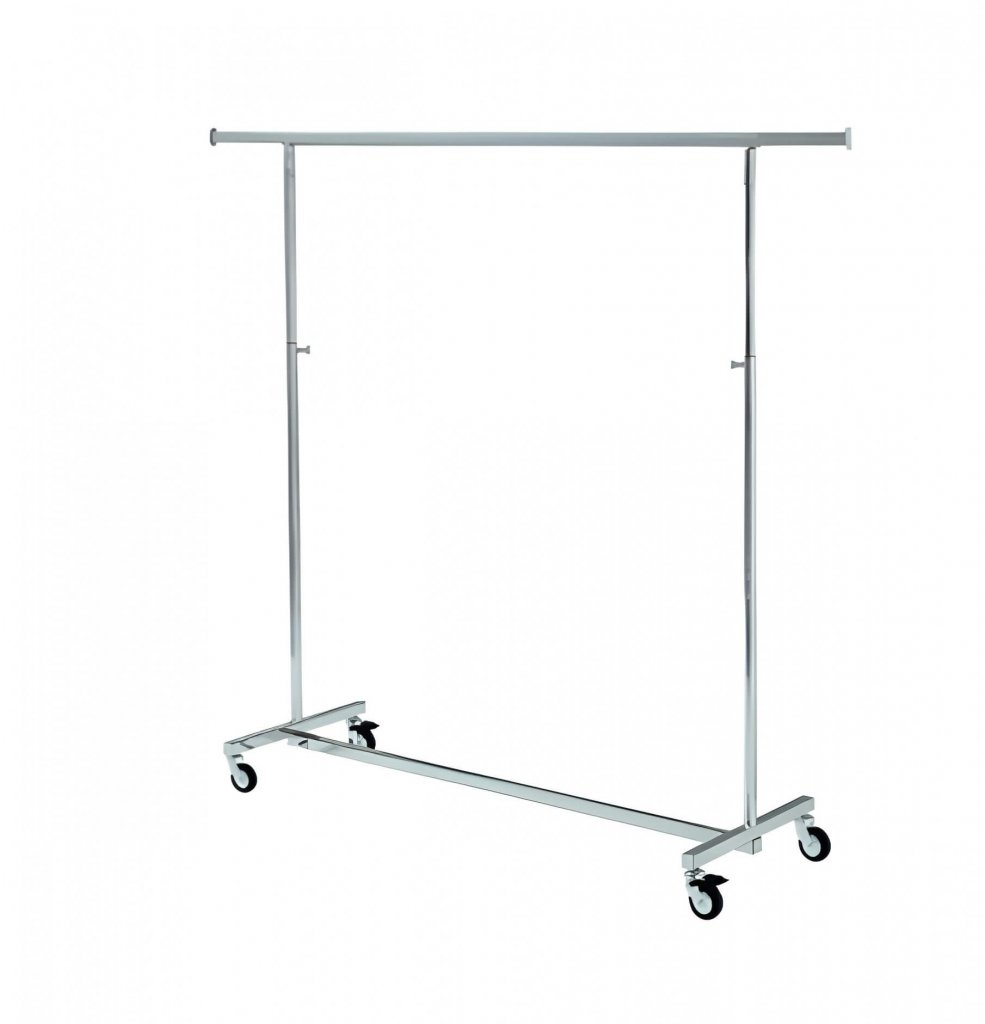 Ein fahrbarer, höhenverstellbarer Kleiderständer aus Metall, ideal zum Aufhängen von Kleidung und zum Organisieren geliehener Accessoires