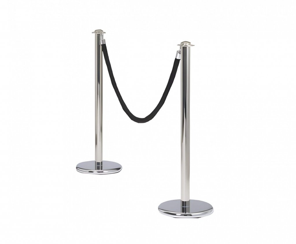 Zwei silberne Absperrpfosten mit schwarzem Samtseil als stilvolle Accessoires mieten zur eleganten Besucherführung oder Abgrenzung