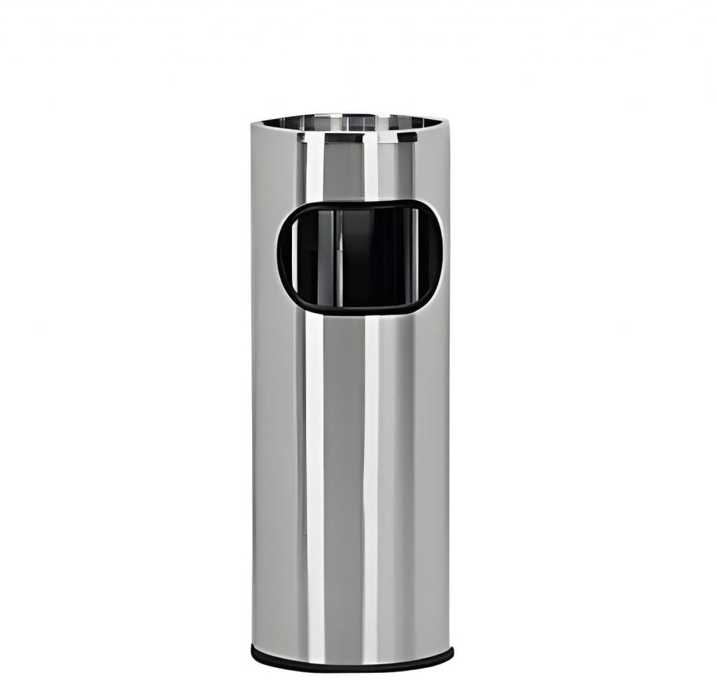 Hoher, zylindrischer Abfalleimer aus Edelstahl mit offenem rechteckigem Schlitz - perfekt als Miet-Accessoire für Veranstaltungen
