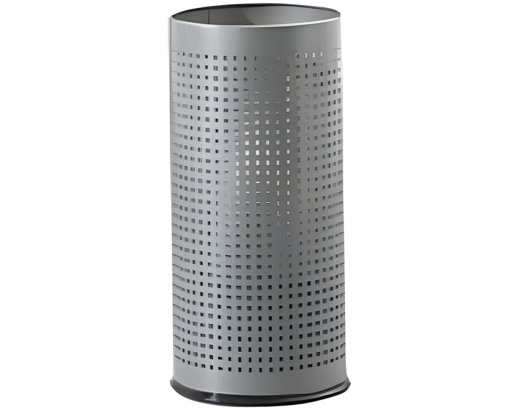 Hoher, zylindrischer Schirmständer aus silbergrauem Metall mit Gittermuster und offenem Top, perfekt als Mietaccessoire für Events