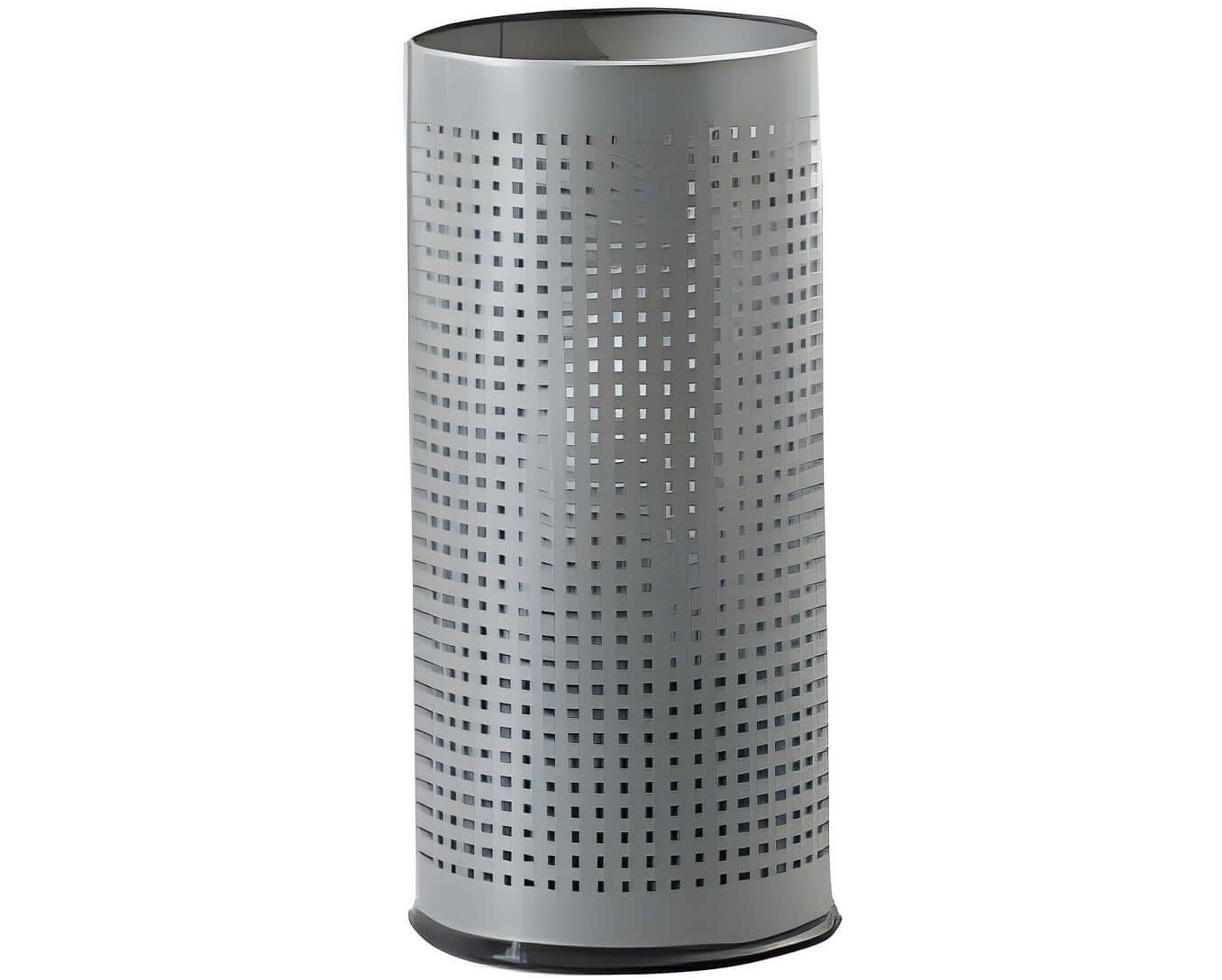 Hoher, zylindrischer Schirmständer aus silbergrauem Metall mit Gittermuster und offenem Top, perfekt als Mietaccessoire für Events