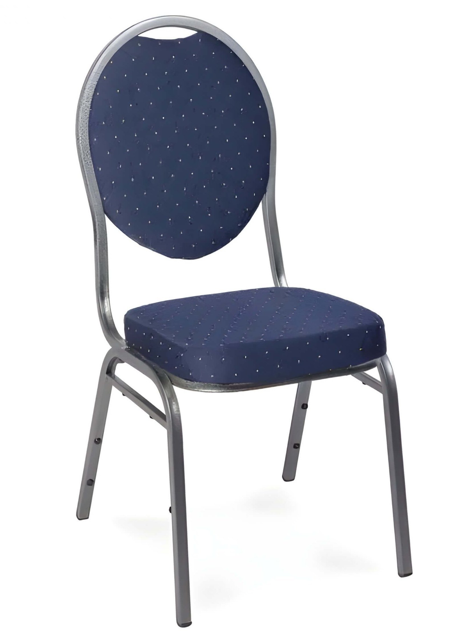 Ein blau gepolsterter Metallstuhl mit rundem Rücken und Sitzfläche, perfekt als Eventstuhl zum Stühle mieten für Veranstaltungen