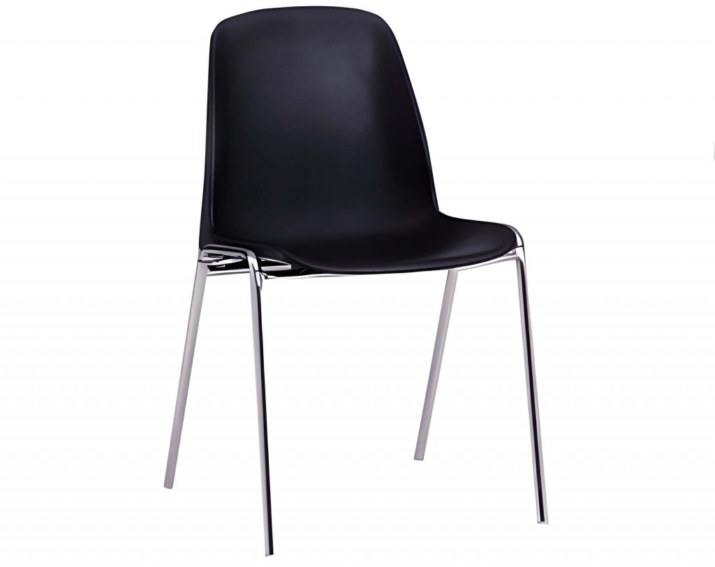 Moderner schwarzer Kunststoffstuhl mit gebogener Rückenlehne und vier schlanken Metallbeinen, perfekt geeignet zum Stühle mieten auf Events