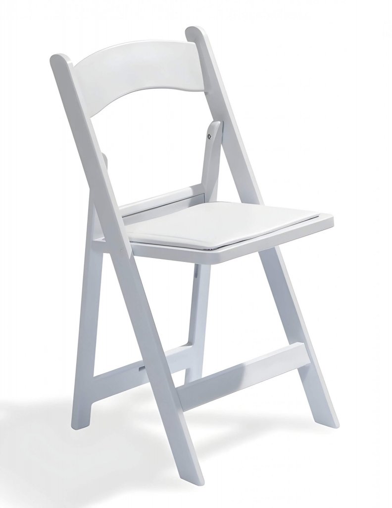 Weißer Holz-Klappstuhl mit flachem Sitzkissen, ideal für Veranstaltungen und Events, Stühle mieten für stilvolles Sitzen