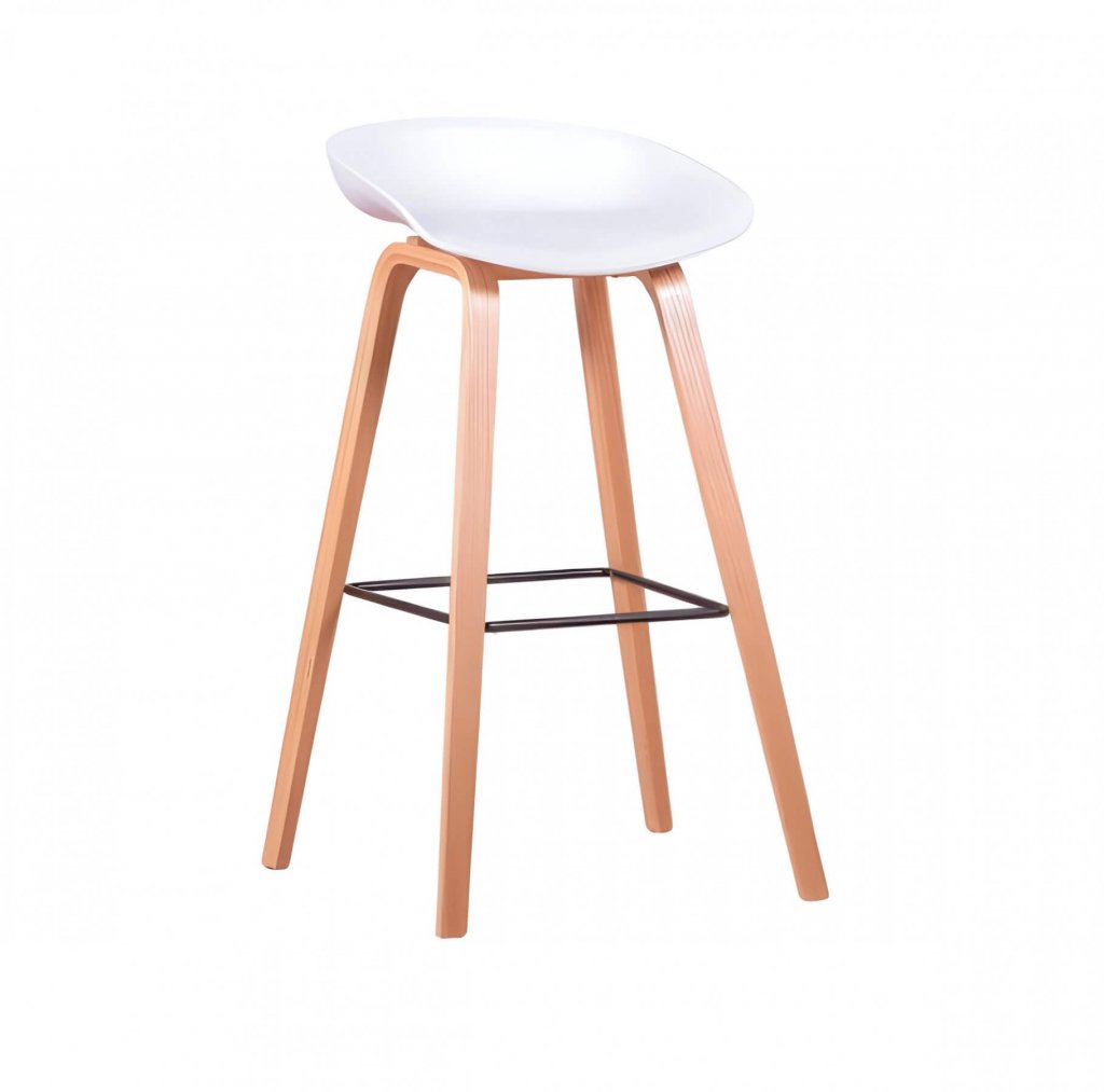 Moderner Barhocker mit hellen Holzbeinen, weißer geschwungener Sitzfläche und schwarzer Metallfußstütze - ideal fürs Lounge mieten