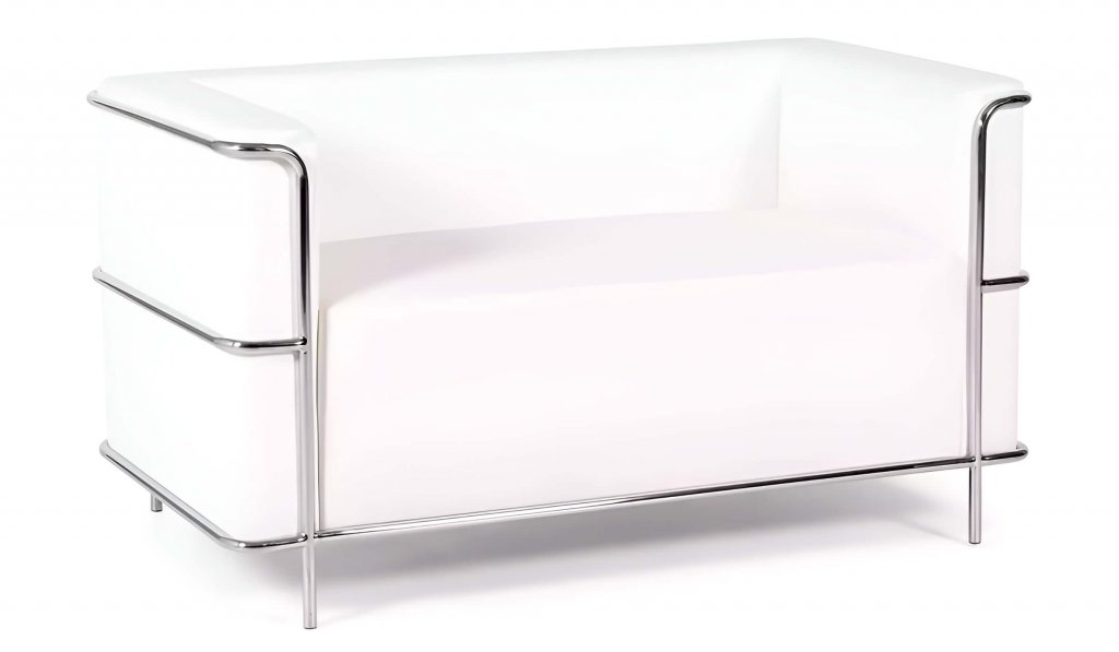 Weißer moderner Loungesessel mit verchromtem Gestell und minimalistischem Design, geeignet zum Lounge mieten, vor weißem Hintergrund