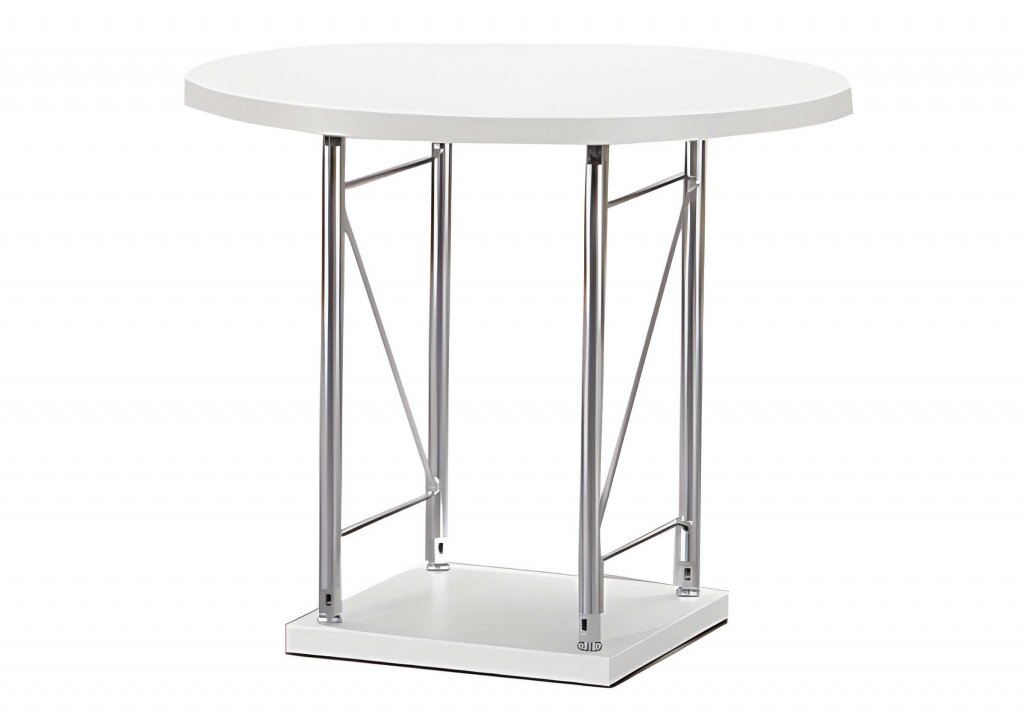 Moderner runder Beistelltisch mit weißer Hochglanzplatte und Chrombeinen, ideal kombinierbar mit Barhocker in Lounge mieten Umgebungen