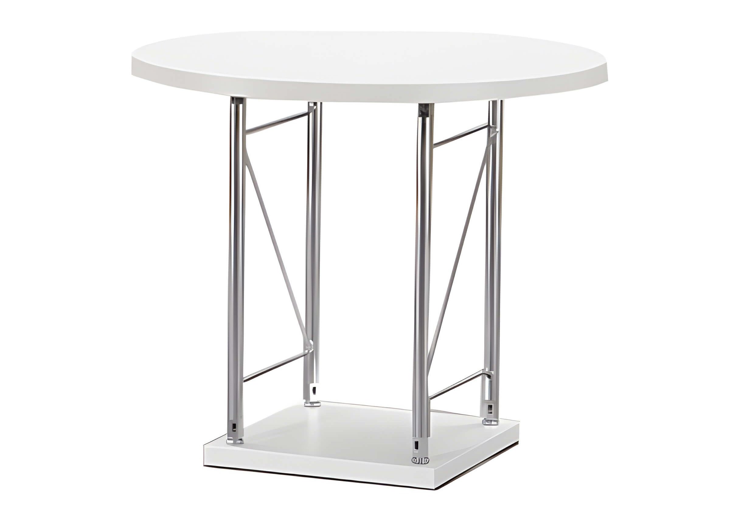 Moderner runder Beistelltisch mit weißer Hochglanzplatte und Chrombeinen, ideal kombinierbar mit Barhocker in Lounge mieten Umgebungen