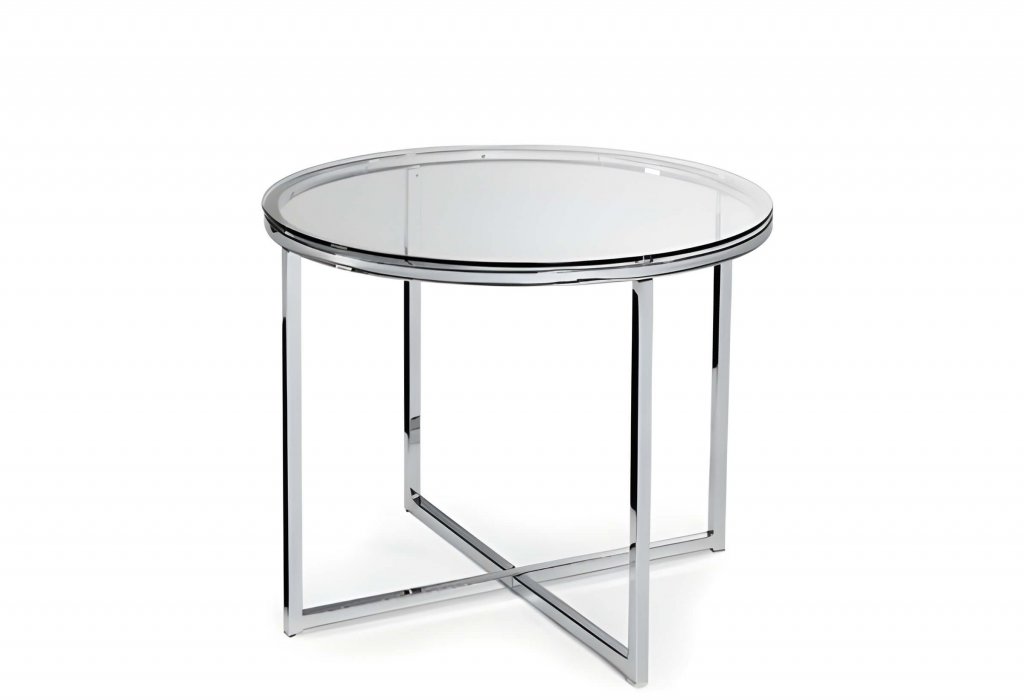 Runder Glastisch mit verchromten Kreuzbeinen, ideal zu Barhockern, vor weißem Hintergrund