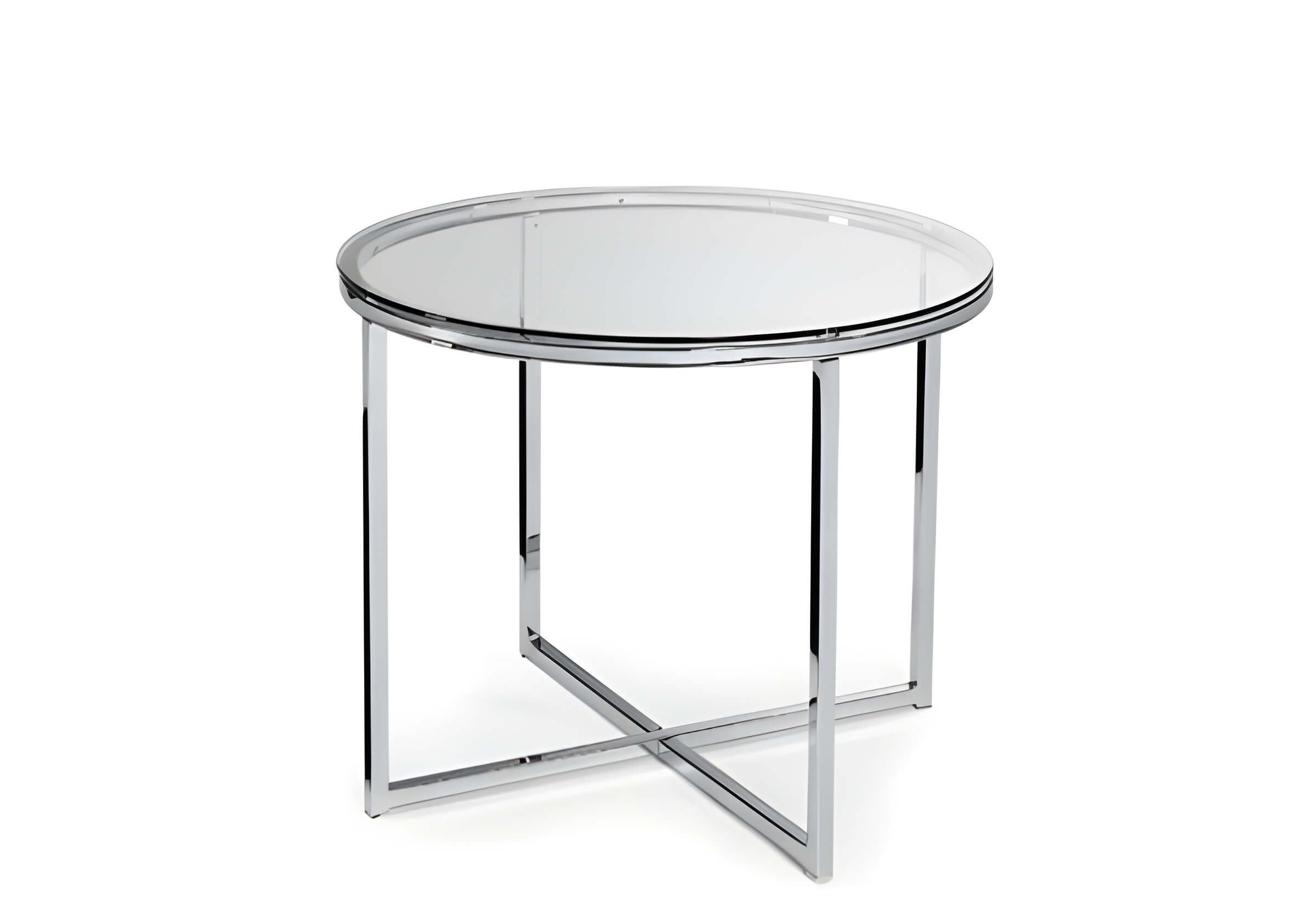 Runder Glastisch mit verchromten Kreuzbeinen, ideal zu Barhockern, vor weißem Hintergrund