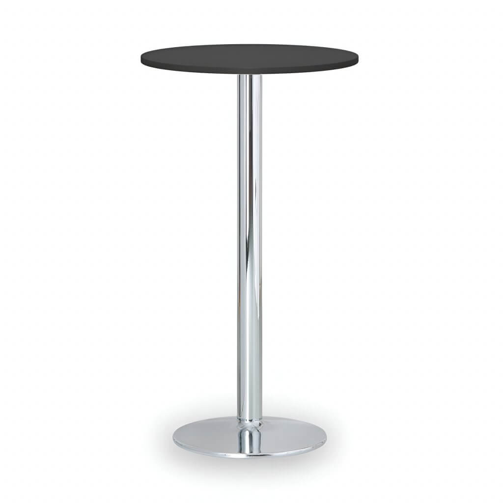 Ein runder, schwarzer Stehtisch mit glänzendem Metallfuß steht vor weißem Hintergrund