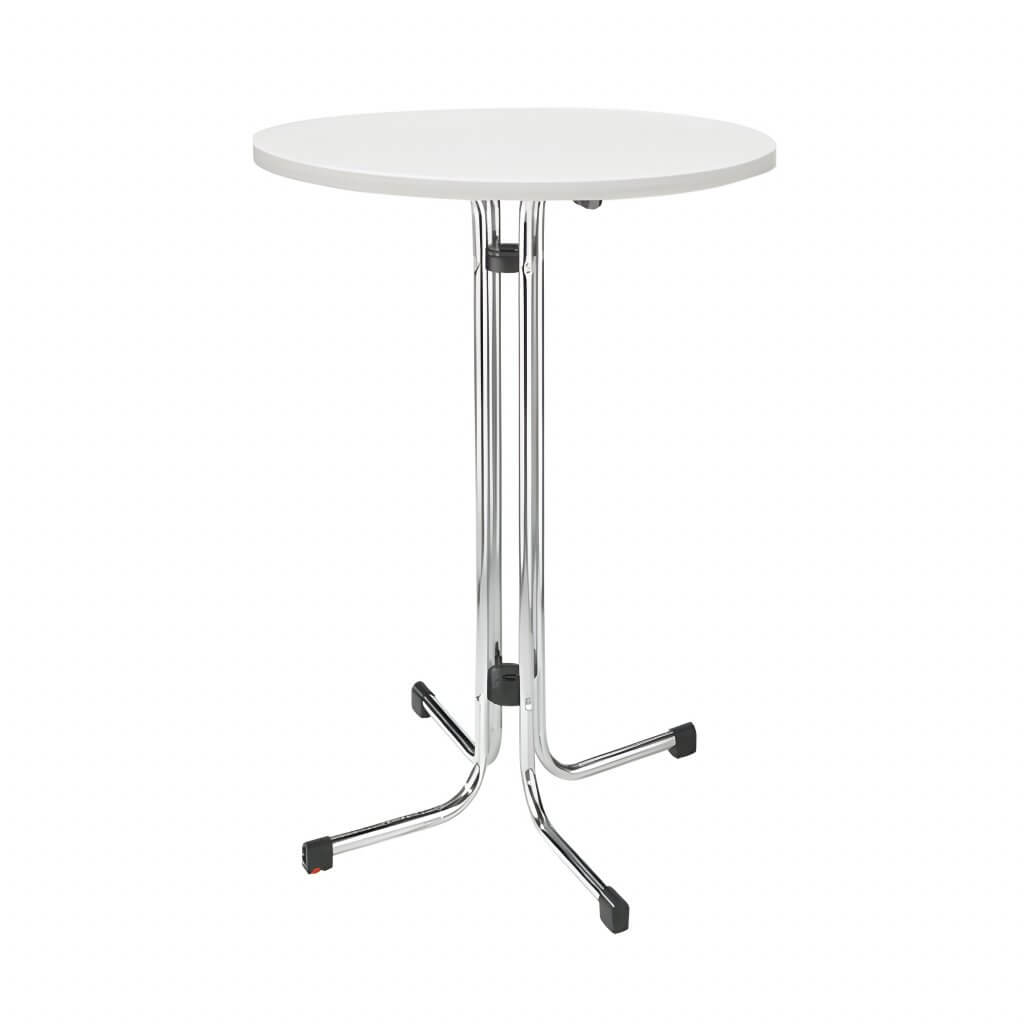 Runder weißer Stehtisch mit schlankem Chromgestell und schwarzen Füßen, ideal für Veranstaltungen; Stehtische mieten für jeden Anlass