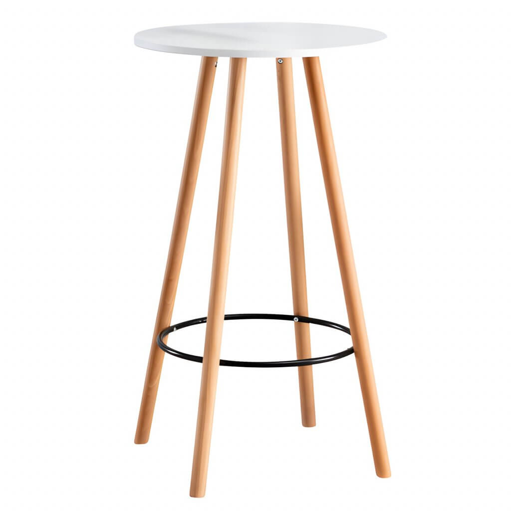 Hoher runder Stehtisch mit weißer Platte, vier hellen Holzbeinen und schwarzem Fußring, ideal zum Stehtisch mieten