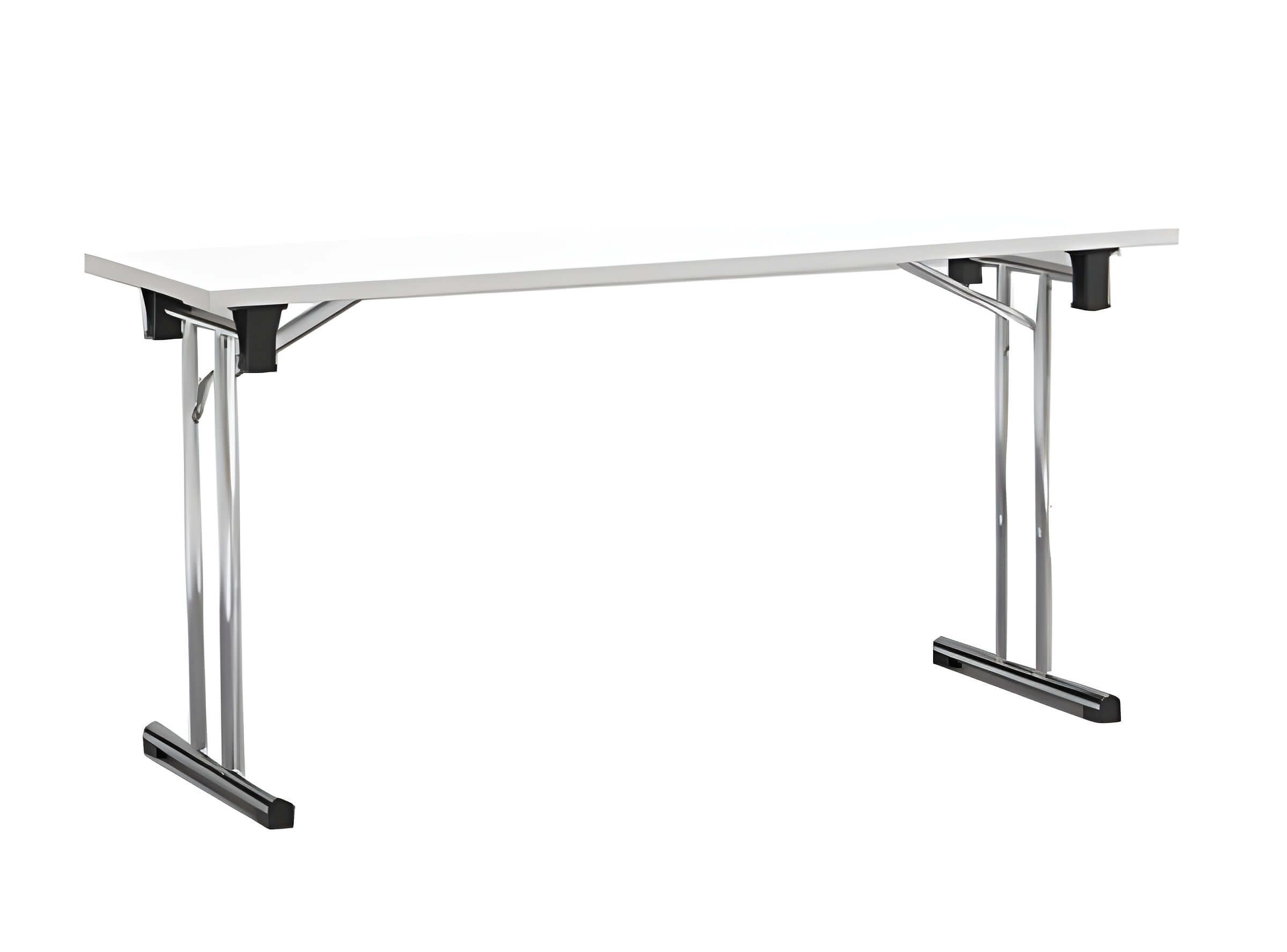 Ein rechteckiger weißer Sitztisch mit verchromten Metallbeinen und schwarzen Verstrebungen, geeignet zum Mieten für Veranstaltungen