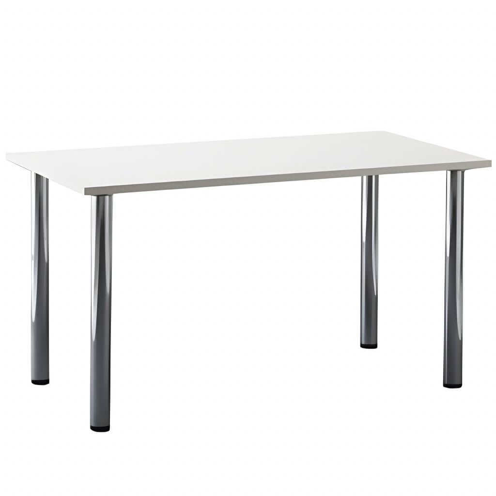 Rechteckiger Sitztisch mit weißer Tischplatte und glänzenden Metallbeinen, ideal zum Mieten für Events