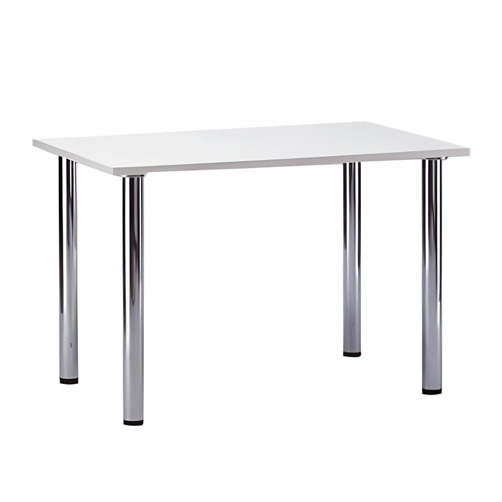 Ein rechteckiger Sitztisch zum Mieten mit weißer Tischplatte und vier glänzenden Metallbeinen vor weißem Hintergrund