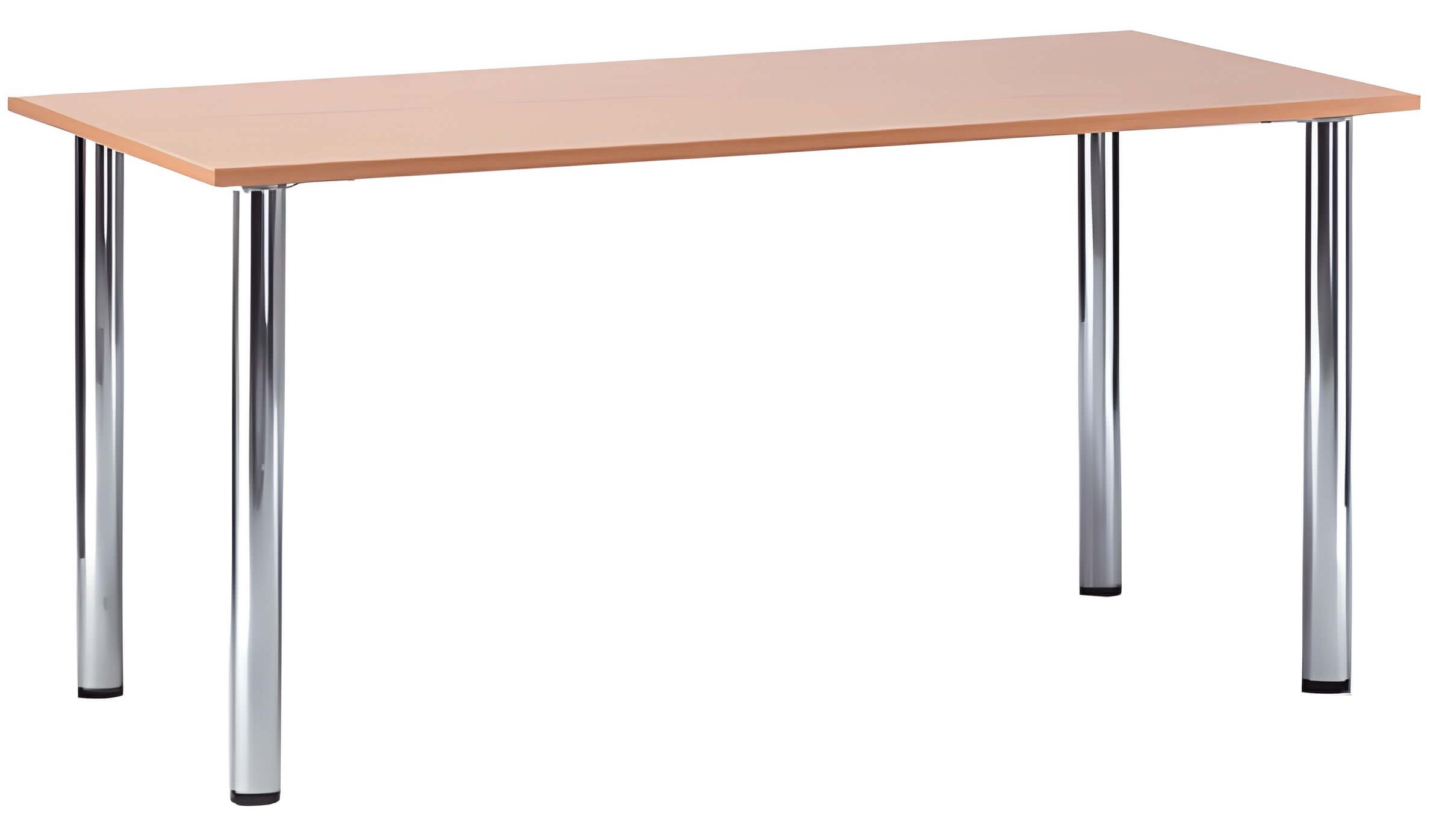 Ein rechteckiger Sitztsich mit heller Holzplatte und vier glänzenden Metallbeinen, ideal zum Sitztische mieten