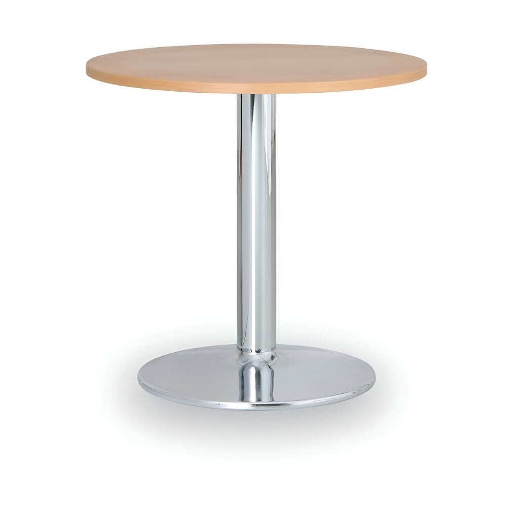 Runder Sitzttisch aus hellem Holz mit glänzendem Metallfuß, ideal für Veranstaltungen, freigestellt vor weißem Hintergrund