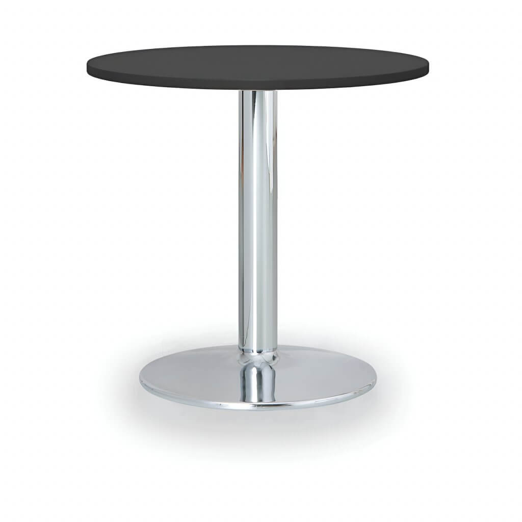 Runder schwarzer Stehtisch mit verchromtem Mittelfuß, ideal als moderner Sitztisch zum Mieten für Veranstaltungen