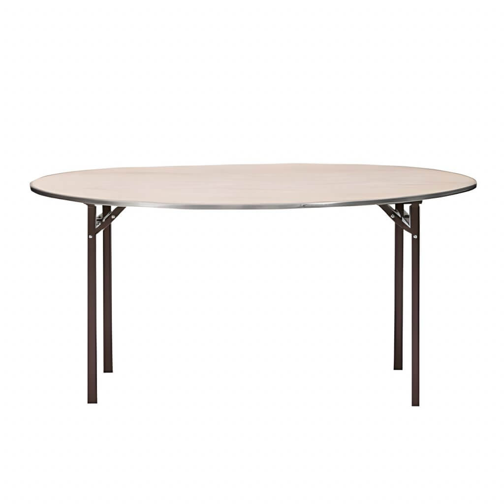 Runder Tisch mit heller Platte und klappbaren Metallbeinen, eignet sich perfekt zum SitzTische mieten für Veranstaltungen