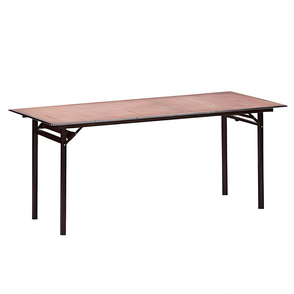 Ein rechteckiger Holztisch mit vier schwarzen Metallbeinen und schlichtem, modernem Design, ideal als Sitztisch zur Miete