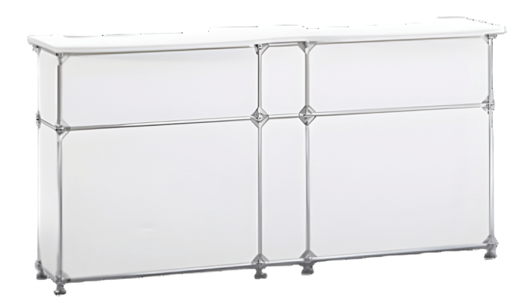 Ein modernes, minimalistisches weißes Sideboard mit Metallgestell, passend für alle, die Theken oder Pulte mieten möchten