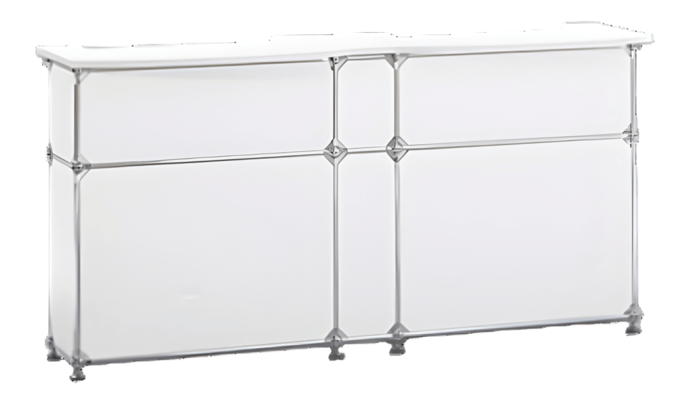 Ein modernes, minimalistisches weißes Sideboard mit Metallgestell, passend für alle, die Theken oder Pulte mieten möchten
