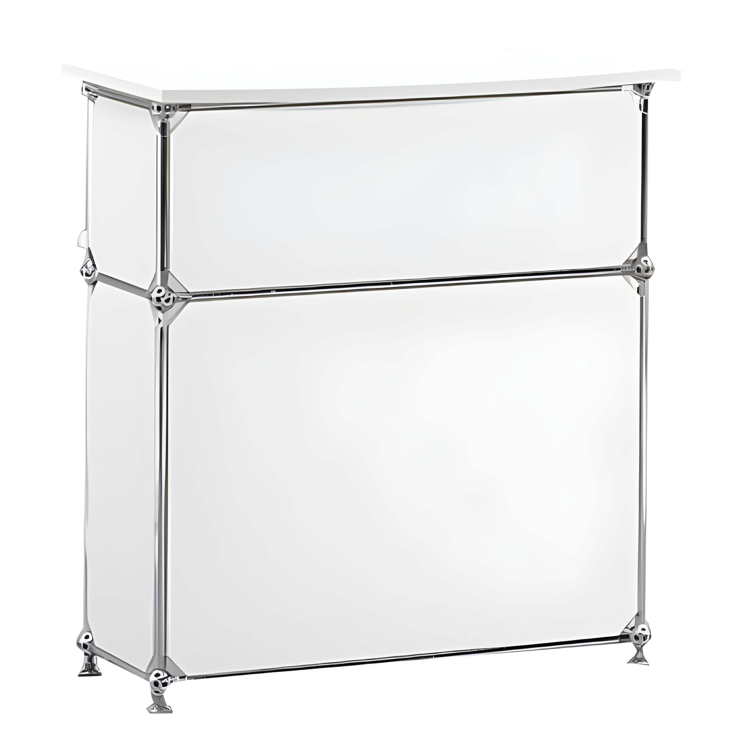 Moderner weißer Empfangstresen mit Metallrahmen und minimalistischem Design, ideal als Miettheke oder Pult für Events