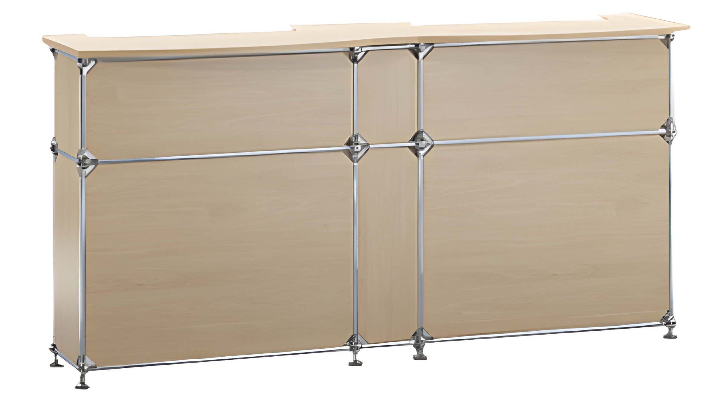 Eine moderne Theken Empfangstheke aus hellem Holz mit Chromgestell und flacher Arbeitsplatte, passend für Büros oder Pulte mieten