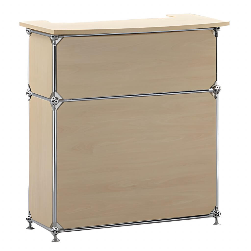 Hellholz-Theke mit Metallkanten und geschwungener Oberseite, ideal als Empfangstresen oder zum Pulte mieten für Events