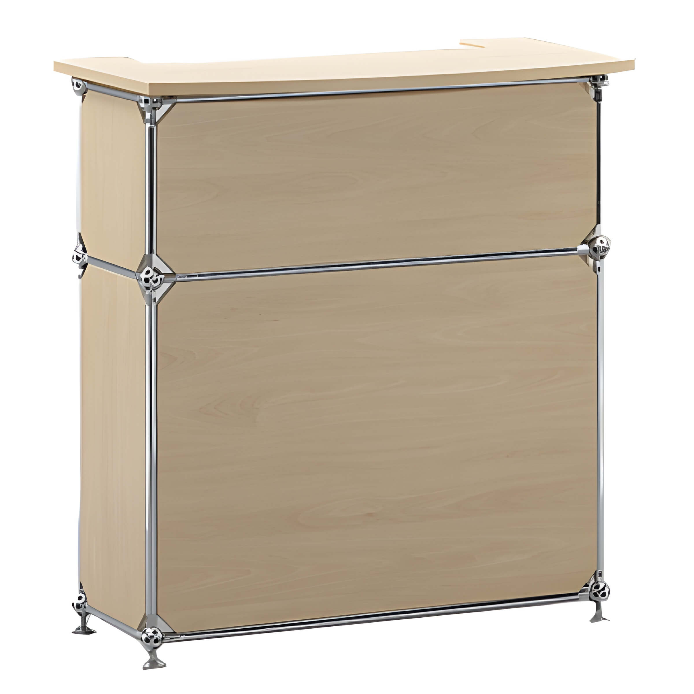 Hellholz-Theke mit Metallkanten und geschwungener Oberseite, ideal als Empfangstresen oder zum Pulte mieten für Events