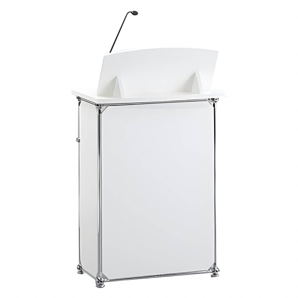 Modernes weißes Rednerpult mit integriertem Mikrofon und abgeschrägter Platte, ideal für Vorträge - als Theke oder Pult mietbar