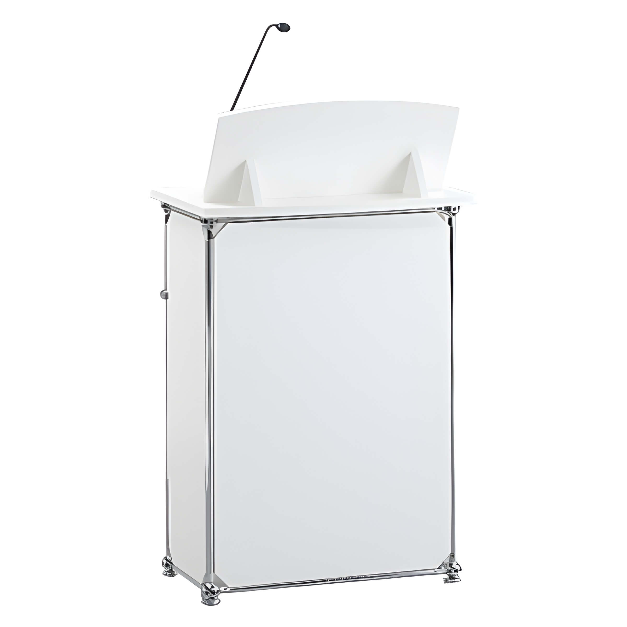 Modernes weißes Rednerpult mit integriertem Mikrofon und abgeschrägter Platte, ideal für Vorträge - als Theke oder Pult mietbar