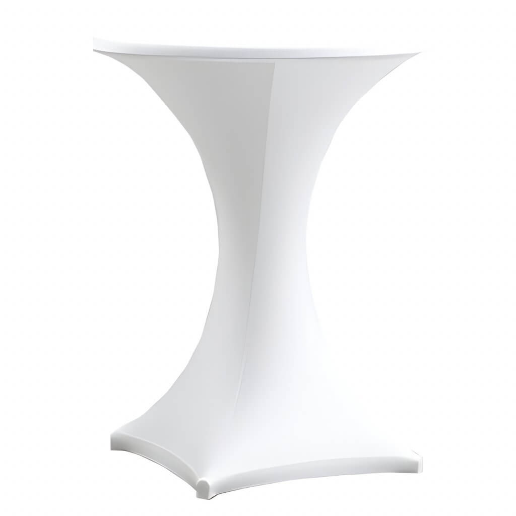 Ein hoher, runder Stehtisch mit passender weißer Stehtischhusse steht vor neutralem weißem Hintergrund