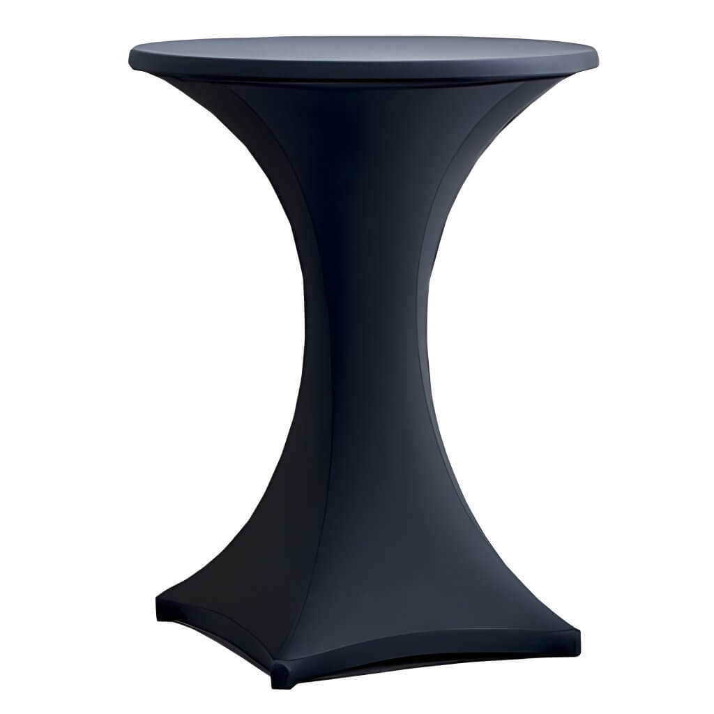 Ein hoher, runder Stehtisch mit einer passgenauen schwarzen Stehtischhusse Deluxe vor weißem Hintergrund