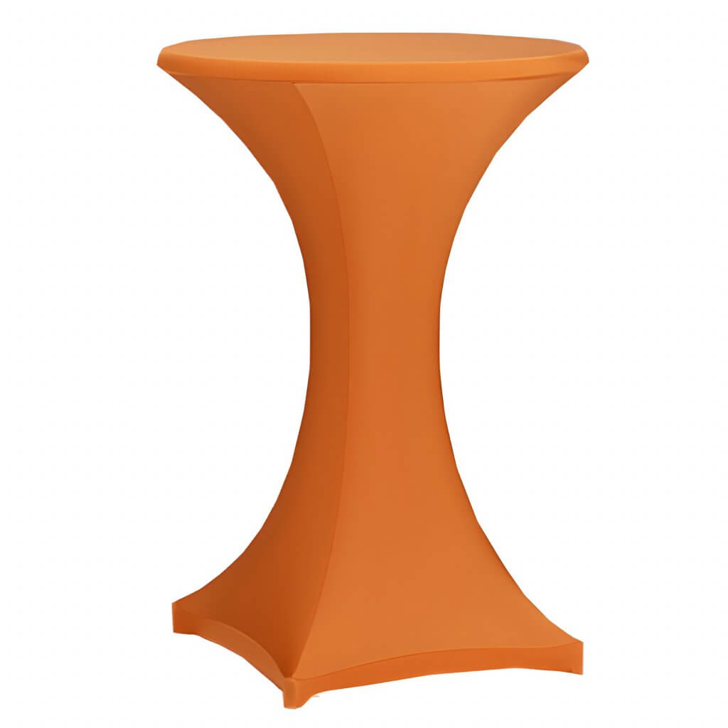 Ein runder, orangefarbener Stehtisch ist mit einer passgenauen Stehtischhussen Deluxe Stretchhusse überzogen