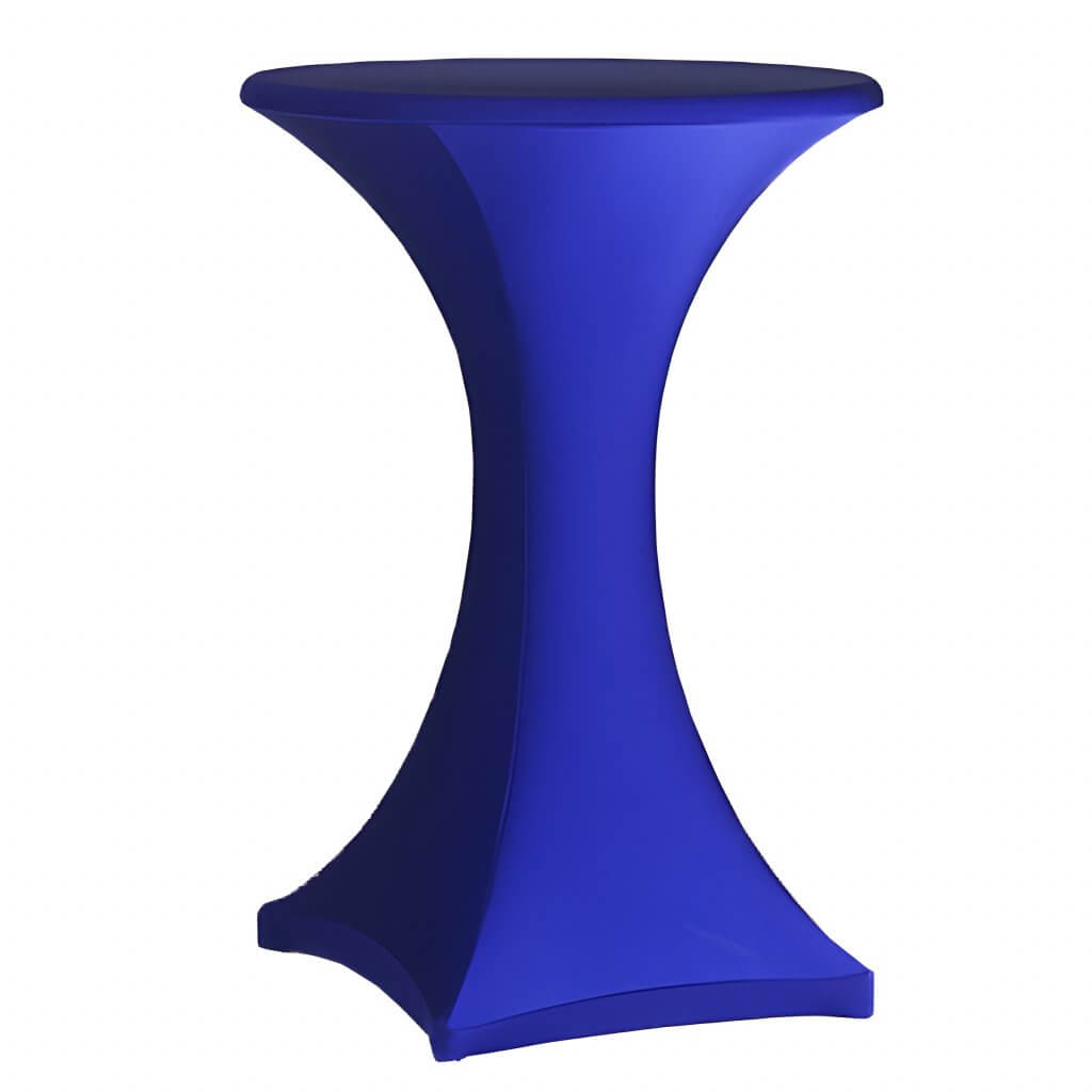 Ein hoher runder Bartisch mit einer passgenauen Stehtischhussen Deluxe Stretchhusse in königsblau bezogen