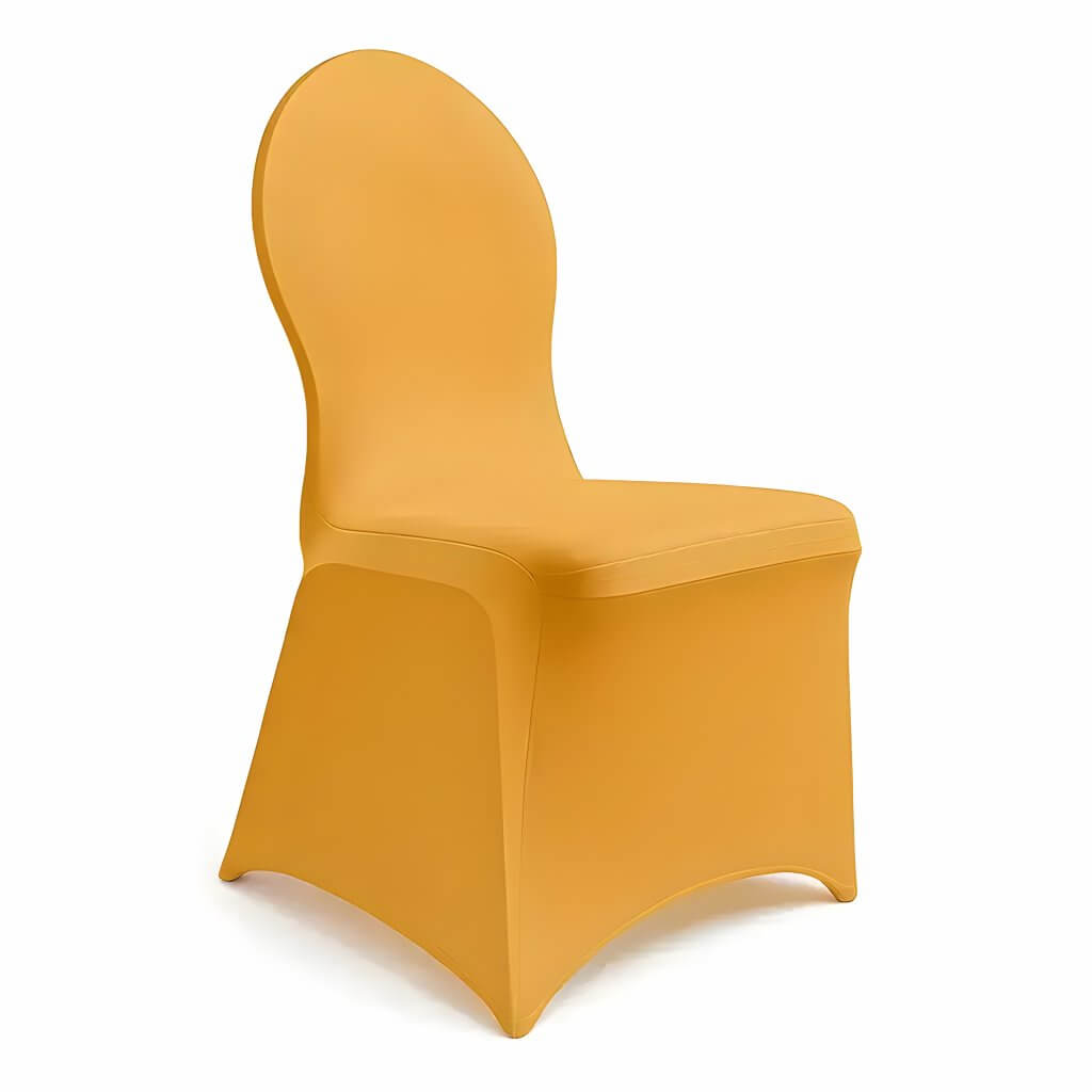 Moderner gelber Stuhl mit abgerundeter Rückenlehne, ideal kombinierbar mit Stuhlhussen Deluxe vor weißem Hintergrund