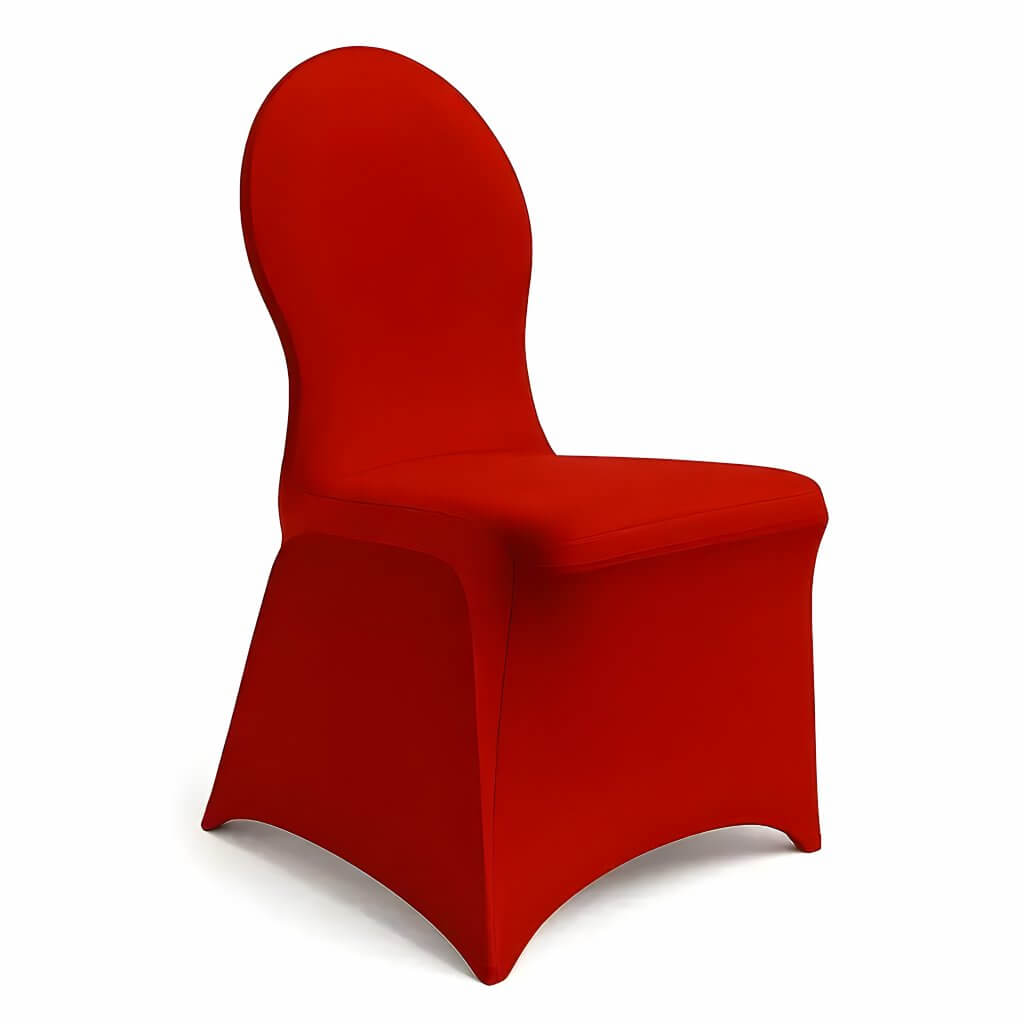 Moderner Stuhl mit abgerundeter Rückenlehne, komplett in leuchtend rotem Stoff bezogen, ideal für Events mit Stuhlhussen Deluxe