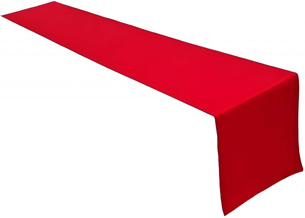 Ein langer, rechteckiger roter Tischläufer liegt auf weißem Untergrund und eignet sich ideal zur Kombination mit Stofftischdecken für Events