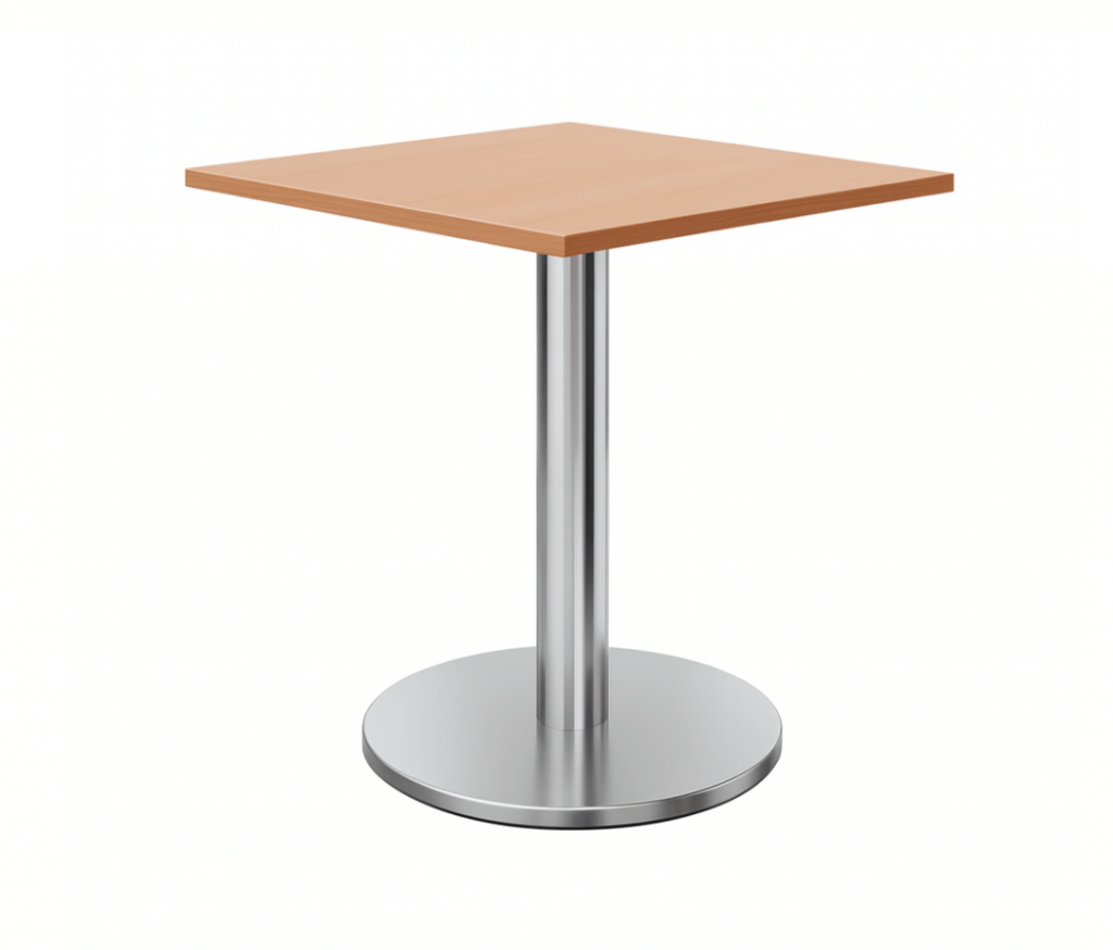 Moderner quadratischer Sitztisch mit heller Holzplatte und silbernem Gestell, ideal zum Mieten für Veranstaltungen
