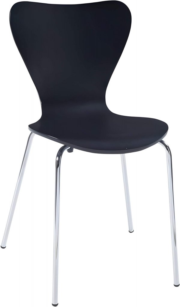 Schwarzer moderner Stuhl mit geschwungener, schmetterlingsförmiger Rückenlehne und verchromten Beinen - perfekt, wenn du stilvolle Stühle mieten möchtest