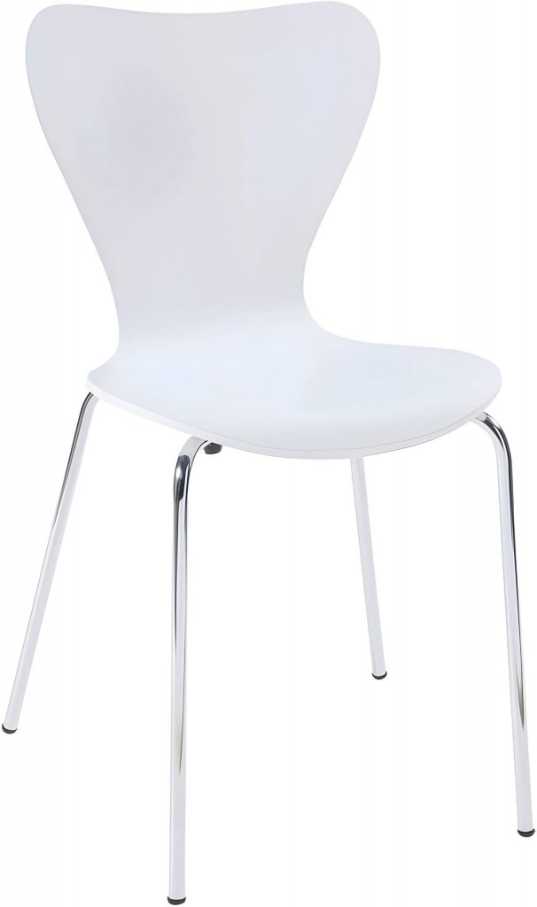 Moderner weißer Stuhl mit geschwungener Rückenlehne und verchromten Beinen, ideal zum Stühle mieten für verschiedene Events