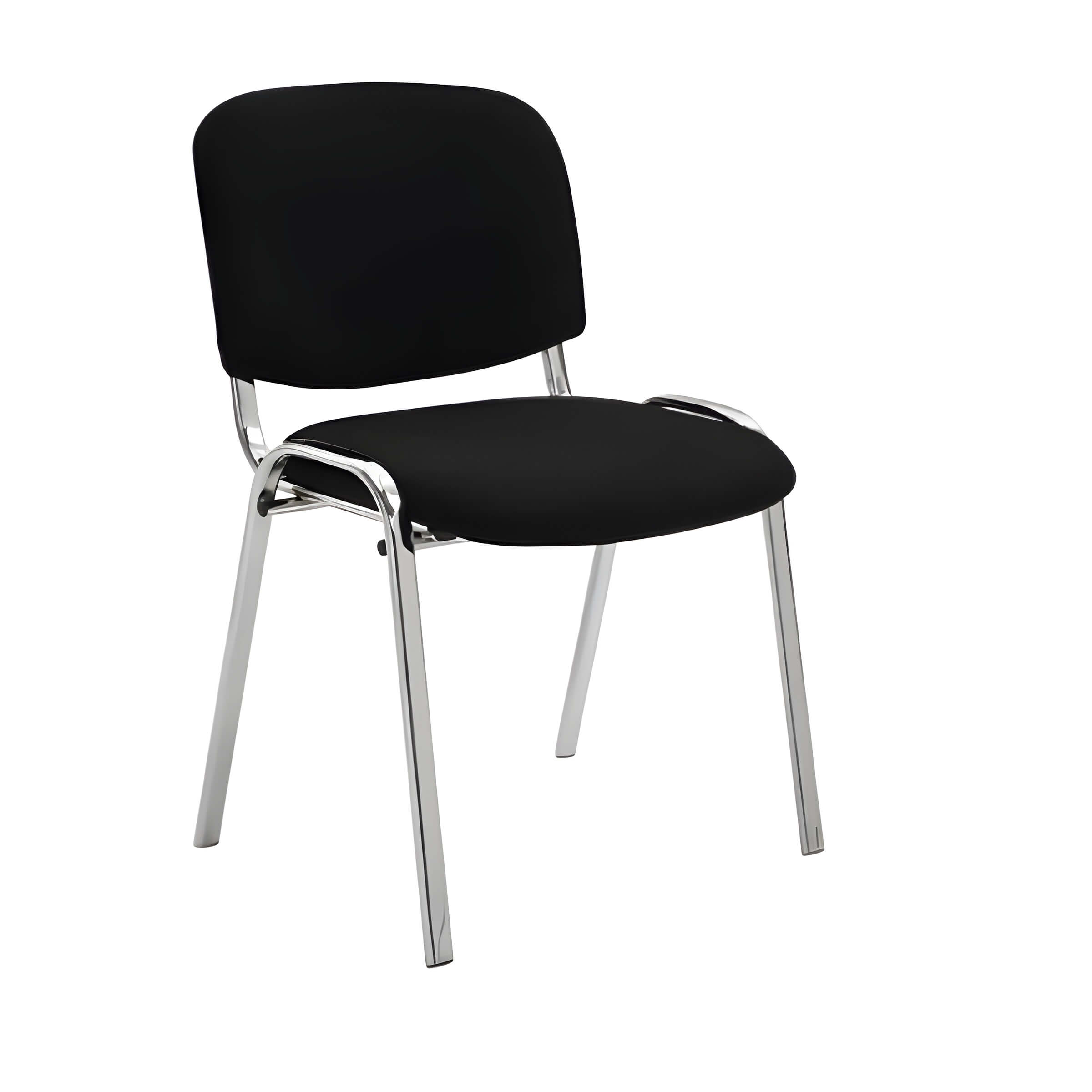 Schwarzer gepolsterter Stuhl mit verchromtem Metallgestell und vier Beinen, perfekt für Veranstaltungen - jetzt Stühle mieten