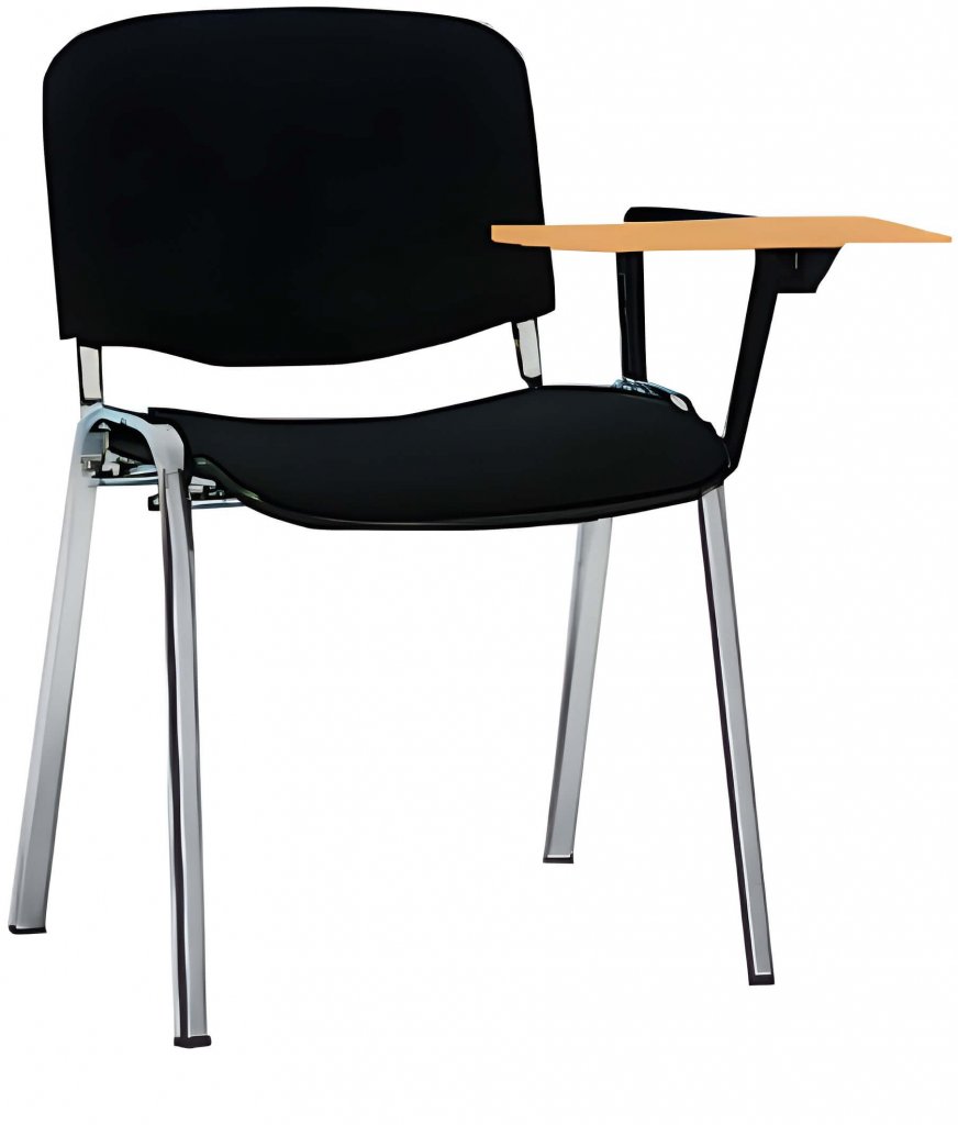 Schwarzer Stuhl mit Metallbeinen und Holzschreibplatte, geeignet für Klassenräume oder Hörsäle, verfügbar als Mietstuhl